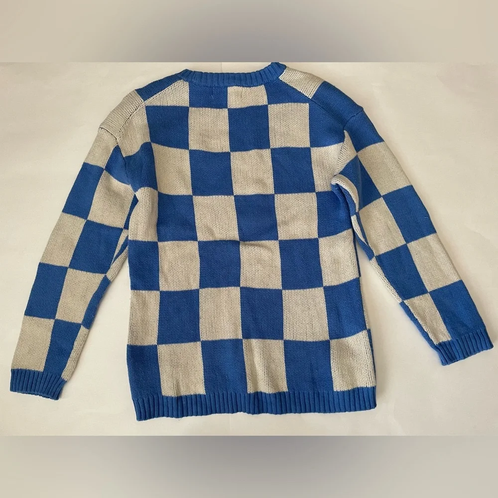 H&M Blue & Cream Checkered Dinosaur Knit Sweater - Picture 2 of 4
